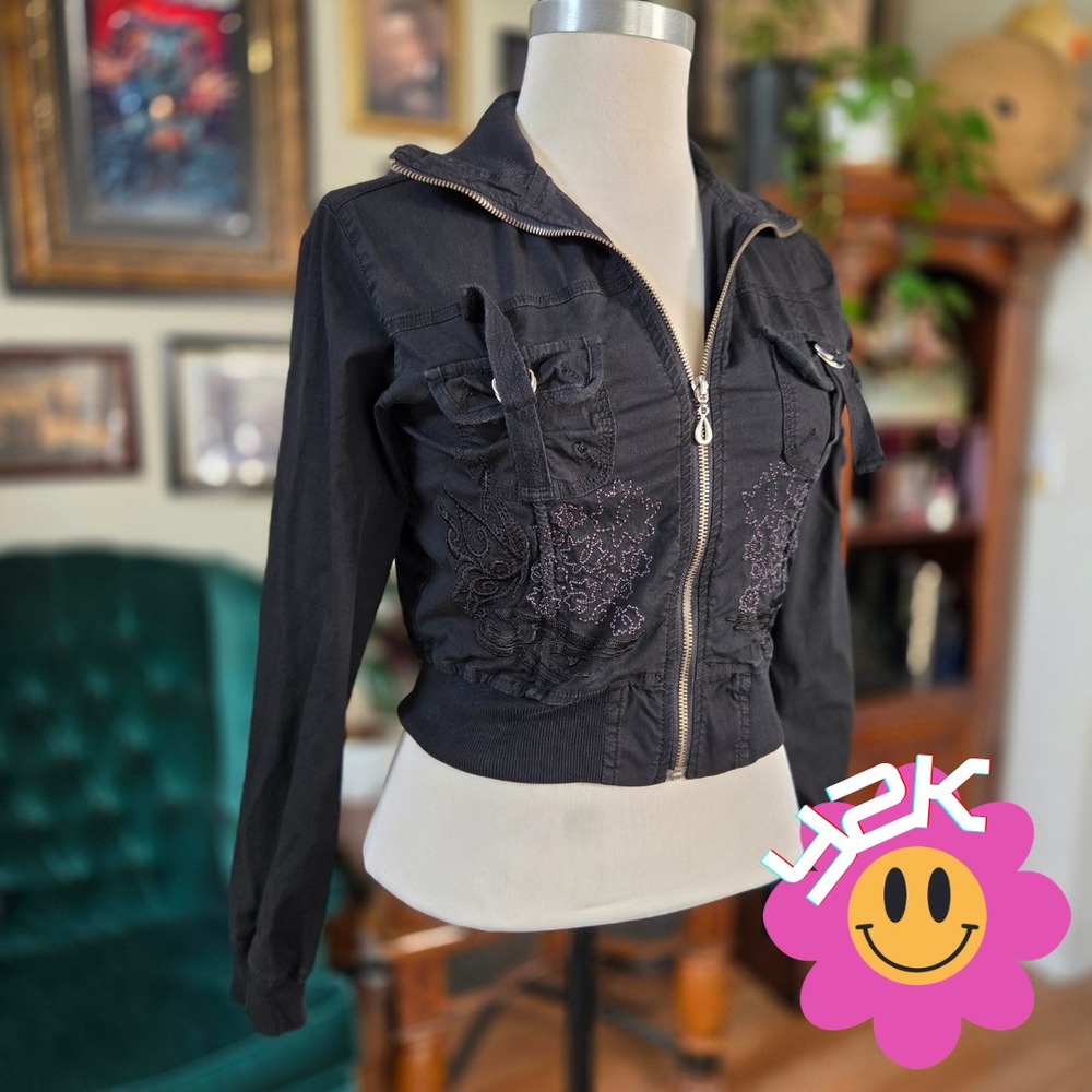 April USA Jacket Vintage 2000s Black Embroidered Y2K Goth Punk Cropped Medium